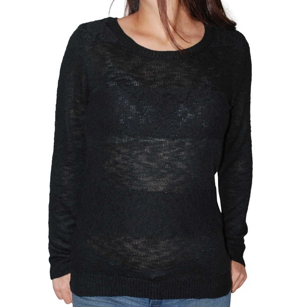 AGB Lace Striped Knit Pullover Sweater Black Small